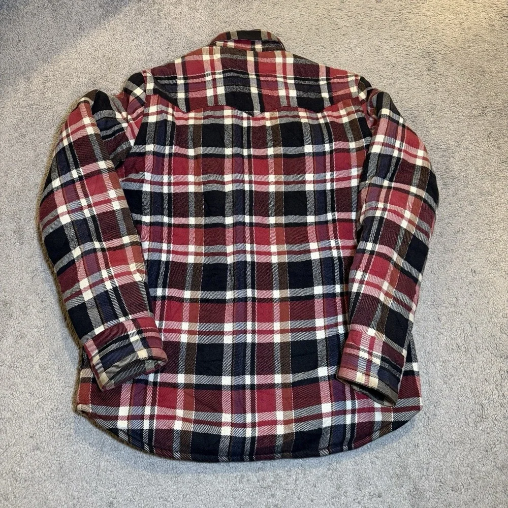 True Religion Sherpa Flannel Jacket Men L Red Blk Plaid Lined Shacket Pearl Snap